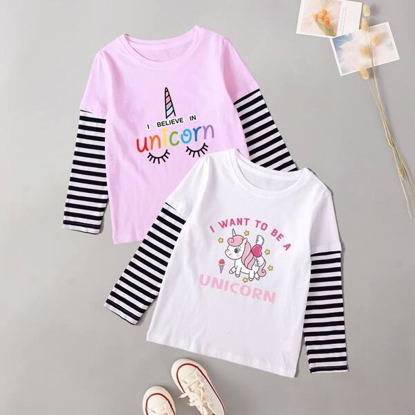 

Toddler Girls 2pcs Striped And Slogan Graphic Tee, Multicolor