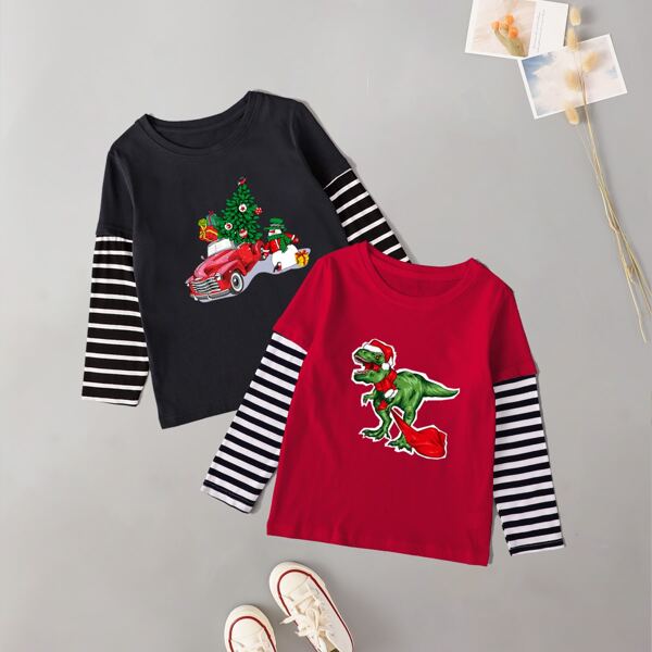 

Toddler Girls 2pcs Striped And Christmas Print Tee, Multicolor
