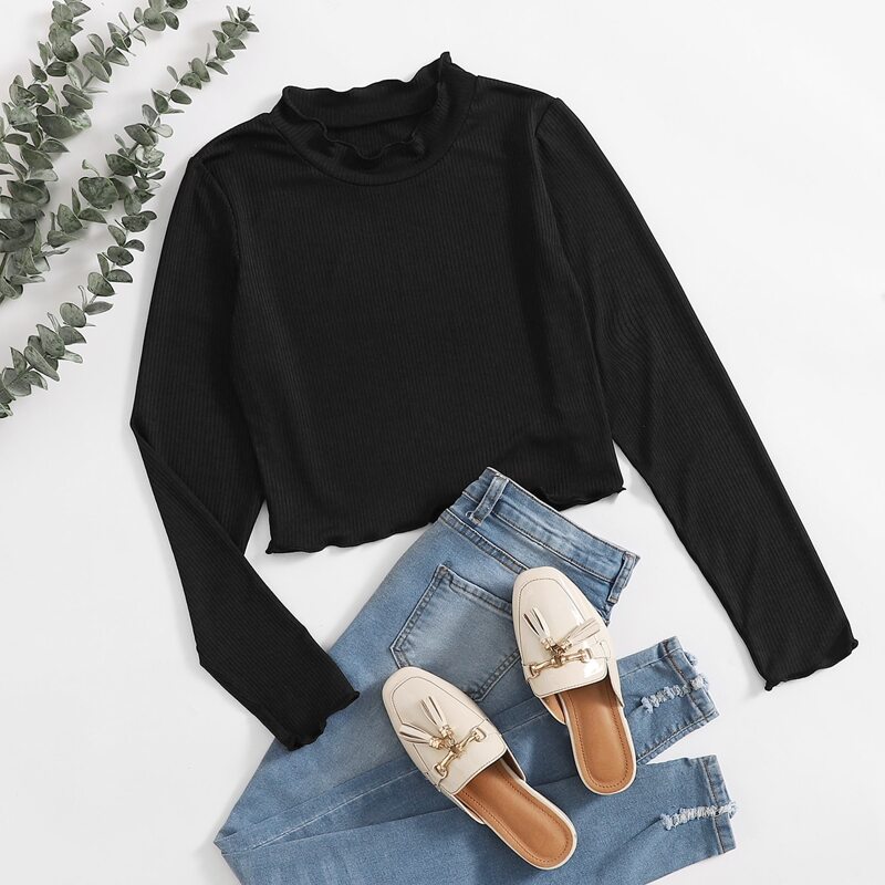 

Mock Neck Lettuce Trim Tee, Black