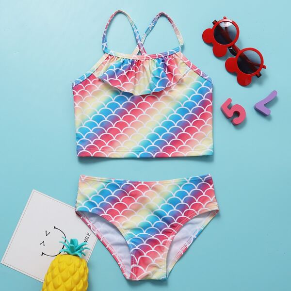 

Toddler Girls Fish Scales Ruffle Bikini Swimsuit, Multicolor