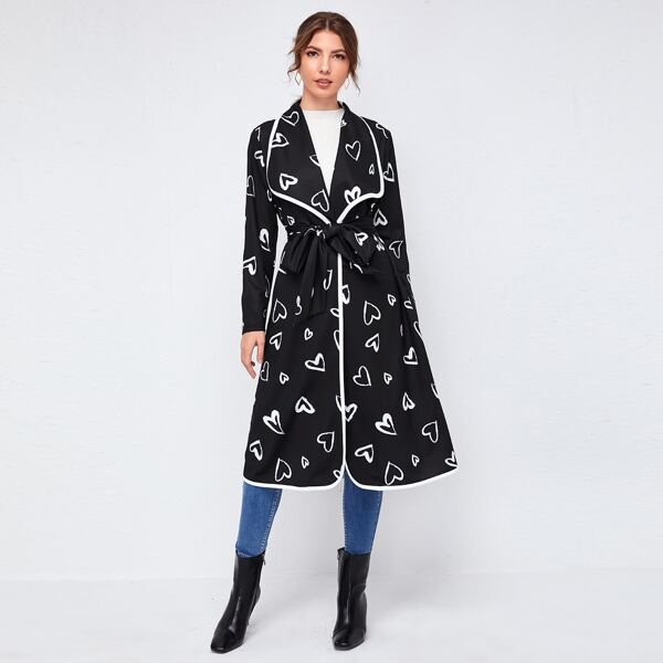 

Heart Print Contrast Binding Belted Coat, Black