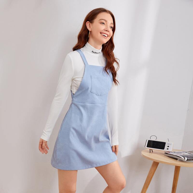 

Corduroy Solid Pinafore Dress, Baby blue