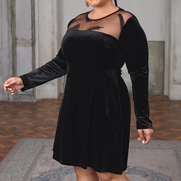 

Plus Leaf Embroidery Contrast Mesh Velvet Dress, Black
