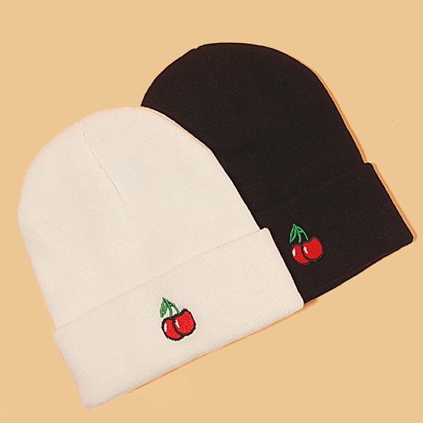 

2pcs Men Fruit Embroidery Beanie, Black and white