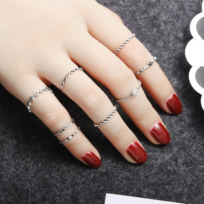 

8pcs Simple Rhinestone Ring, Silver