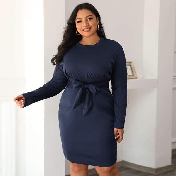 

Plus Solid Belted Fitted Dress, Navy blue