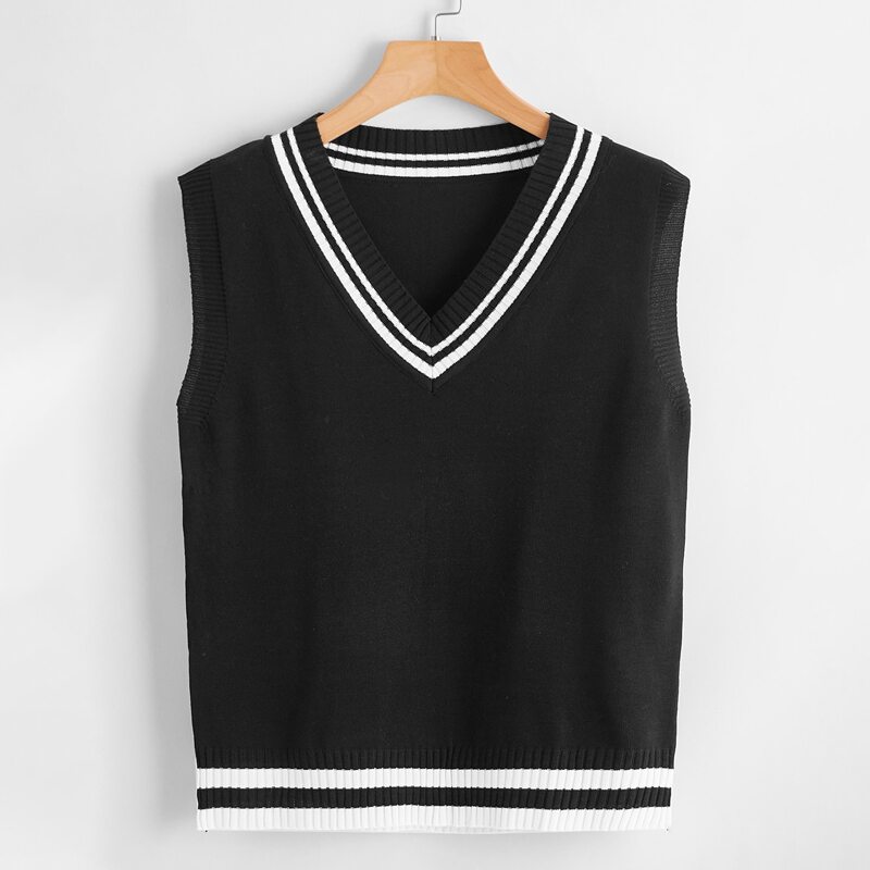 Striped Binding Sweater Vest, Black