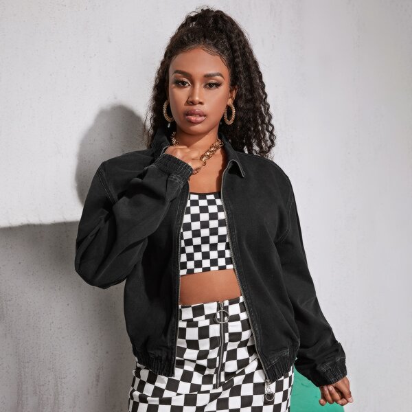 

Plus Drop Shoulder O-ring Zip Up Denim Jacket, Black
