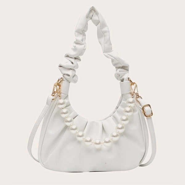 

Faux Pearl Decor Ruched Baguette Bag, White