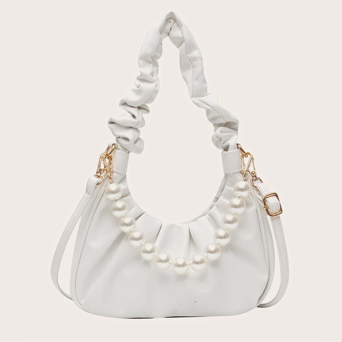 

Faux Pearl Decor Ruched Baguette Bag, White