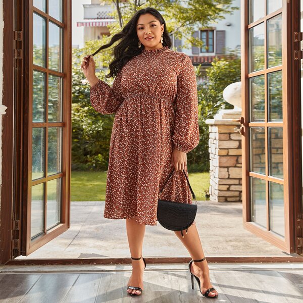 

Plus Ditsy Floral Frill Trim Bishop Sleeve Dress, Redwood