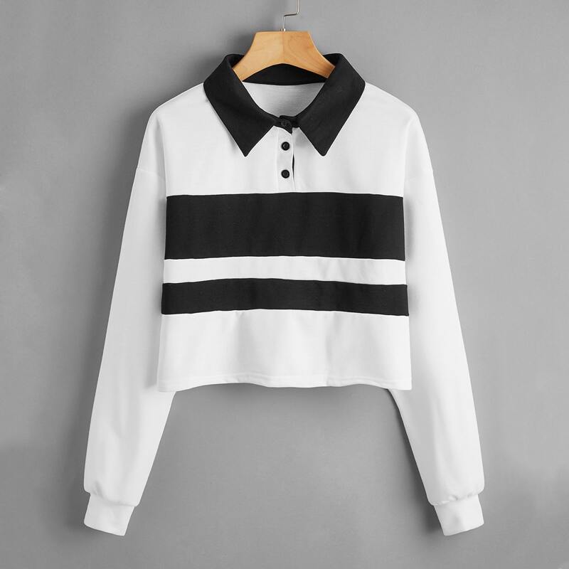 

Striped Polo Crop Sweatshirt, Black and white