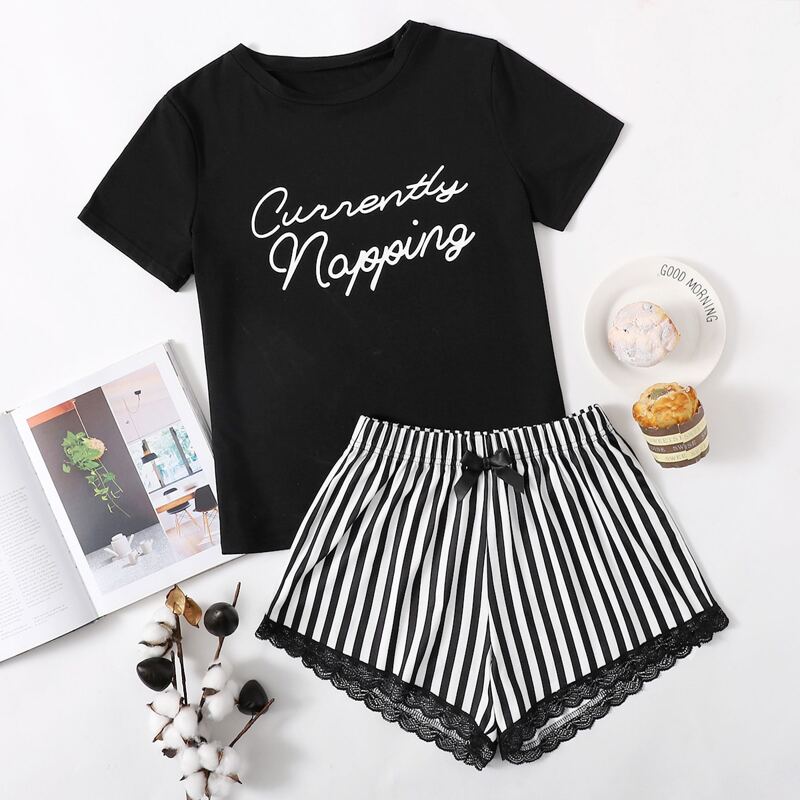 

Striped And Letter Graphic Contrast Lace Bow Front PJ Set, Black and white