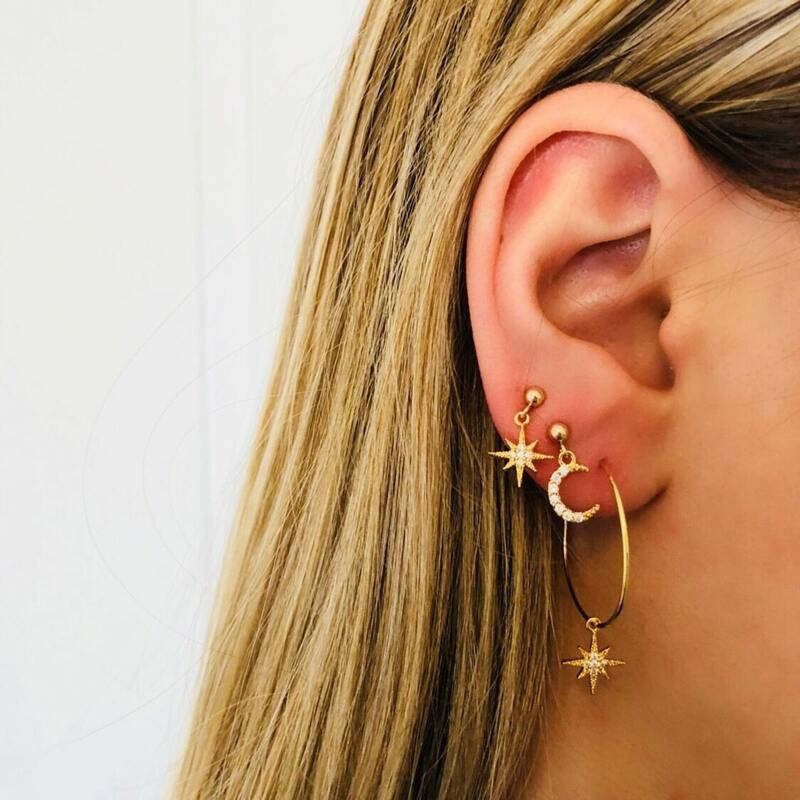 

4pcs Rhinestone Star & Moon Earrings, Gold