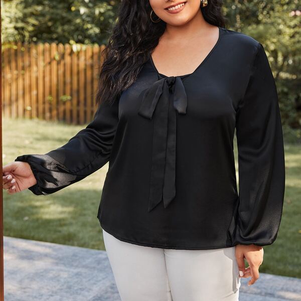 

Plus Solid Tie Neck Blouse, Black