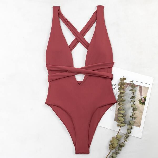 

Rib Plunging One Piece Swimsuit, Redwood