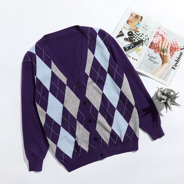 

Plus Argyle Pattern Button Front Cardigan, Multicolor