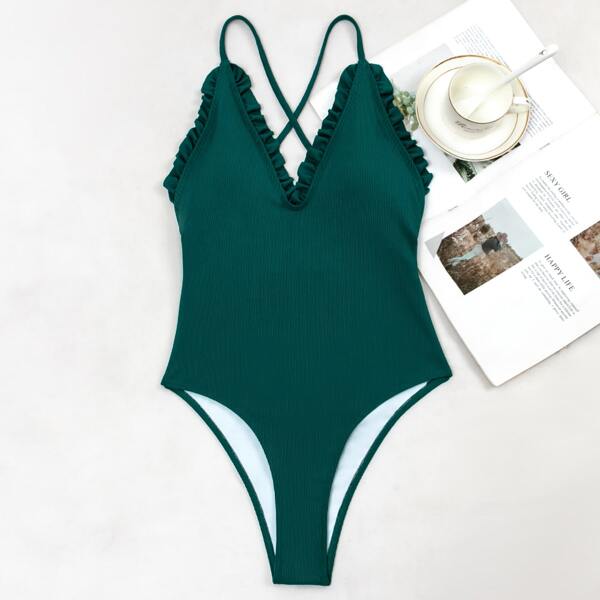 

Rib Frill Trim One Piece Swimsuit, Dark green