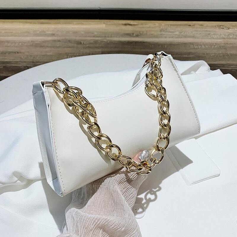 

Solid Chain Baguette Bag, White