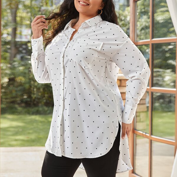 

Plus Polka Dot Pocket Front High Low Blouse, White