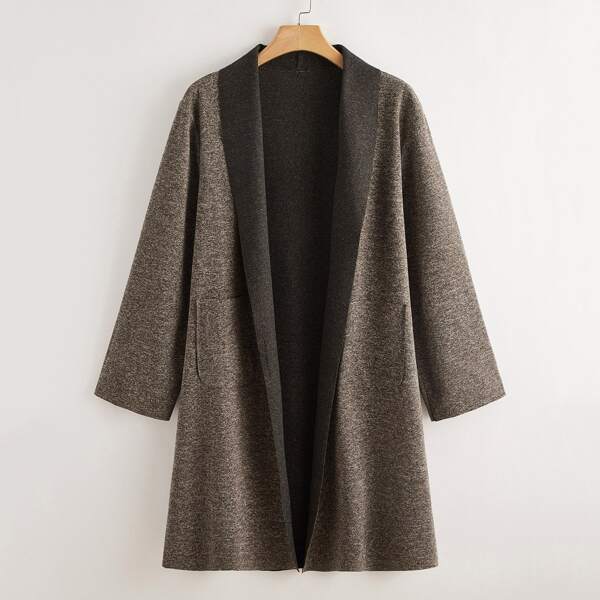 

Plus Open Front Shawl Collar Dual Pocket Coat, Mocha brown