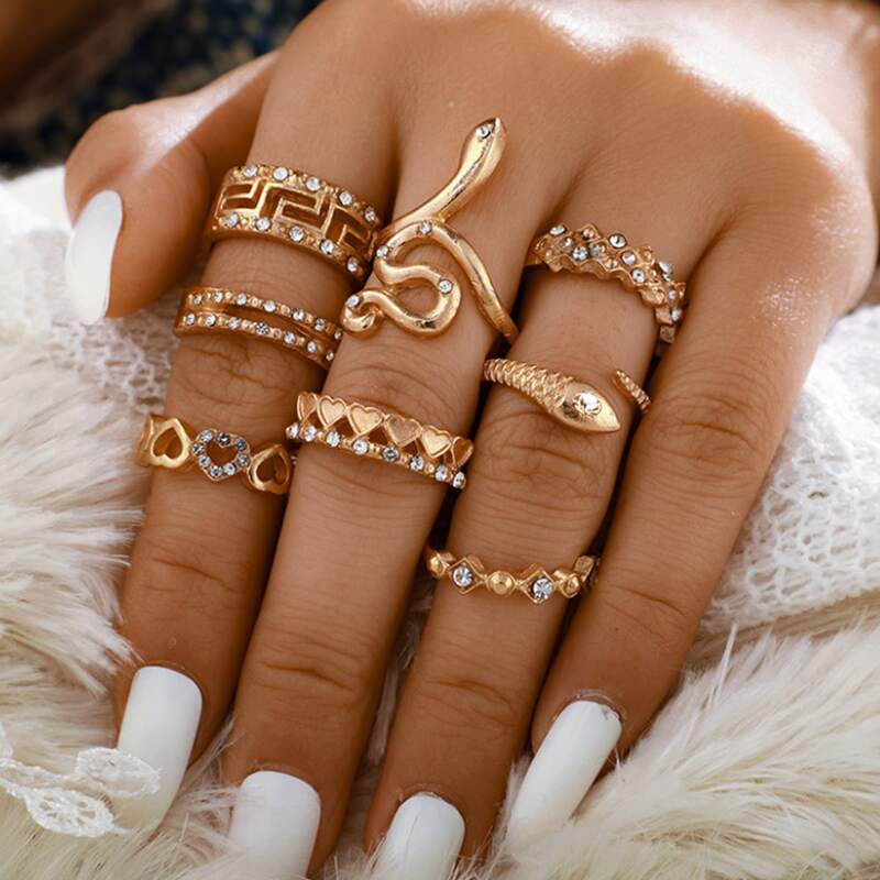 

8pcs Rhinestone Snake Ring, Gold