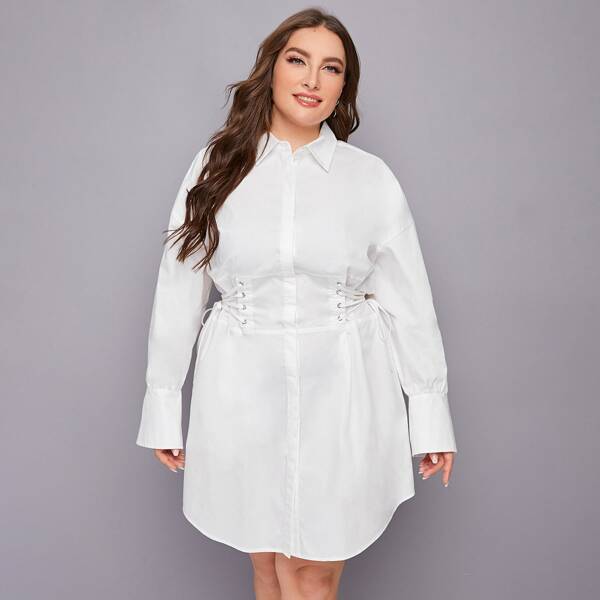 

Plus Drop Shoulder Lace Up Waist Shirt Dress, Beige
