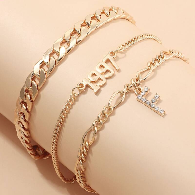 

3pcs Rhinestone Letter Chain Bracelet, Gold