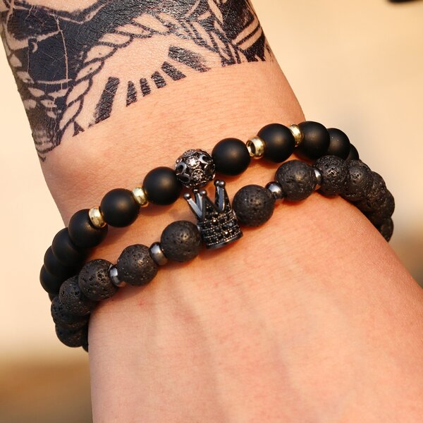 

2pcs Men Crown Decor Beaded Bracelet, Black