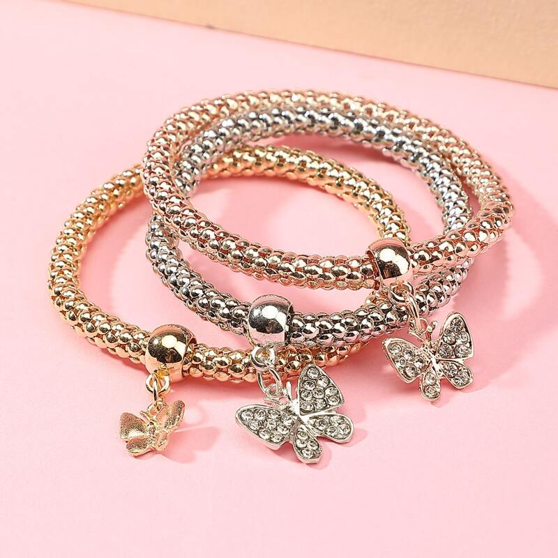 

3pcs Rhinestone Butterfly Bracelet, Multicolor