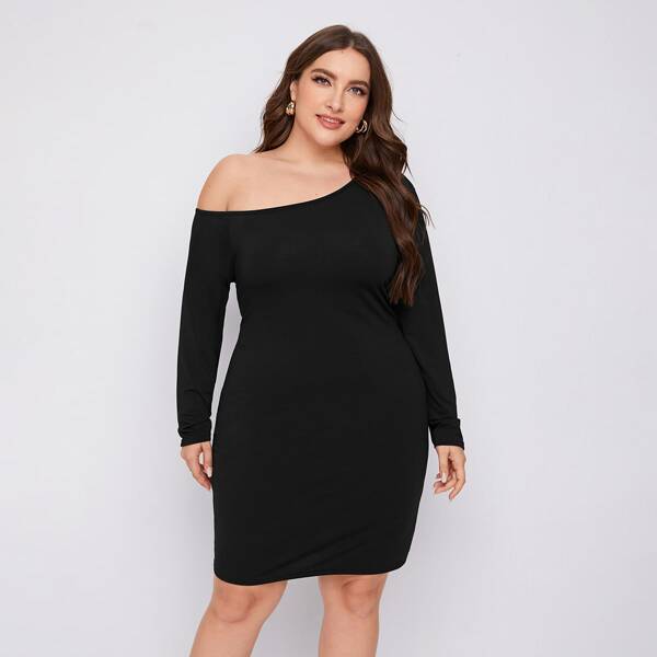 

Plus Solid Asymmetrical Neck Dress, Black