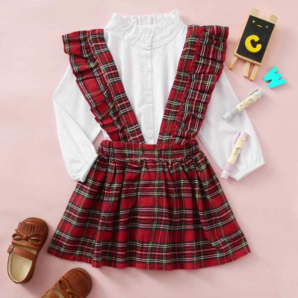 

Toddler Girls Frill Trim Blouse With Tartan Pinafore Skirt, Multicolor