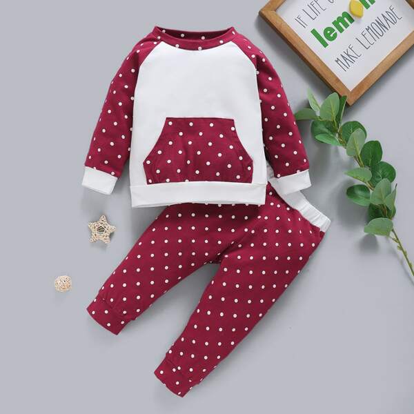 

Baby Girl Polka Dot Panel Raglan Sleeve Sweatshirt & Sweatpants, Red and white