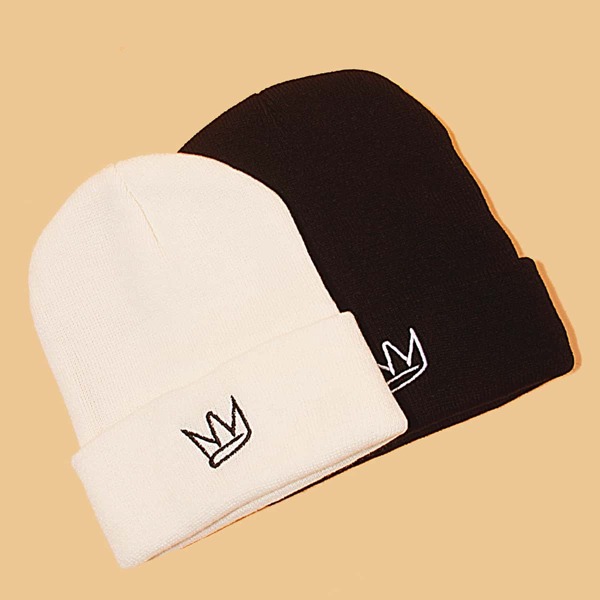 

2pcs Men Cartoon Embroidery Beanie, Black and white