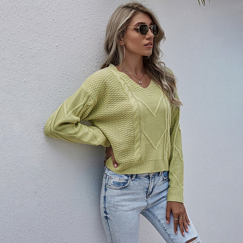 

Drop Shoulder Mixed Knit Sweater, Pastel lime green