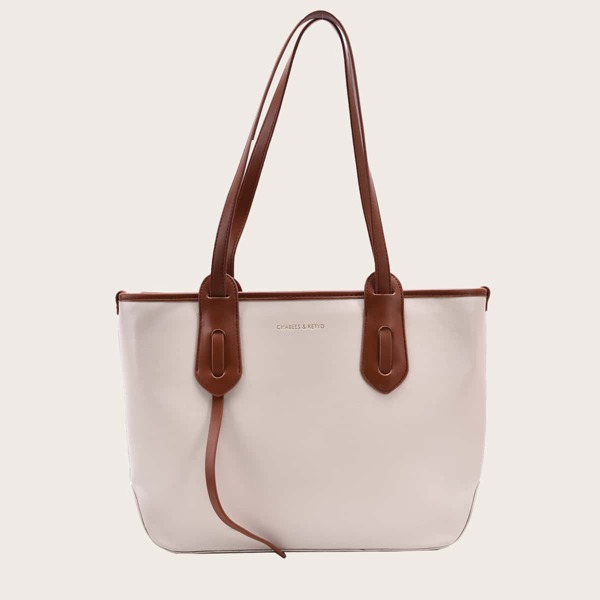 

Large Capacity Contrast Piping Tote Bag, Beige