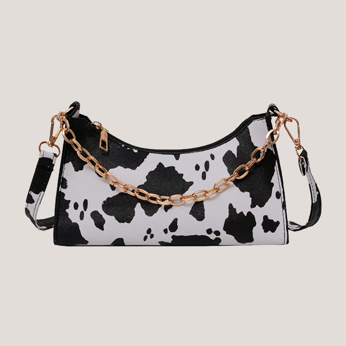 

Cow Print Chain Baguette Bag, Black and white