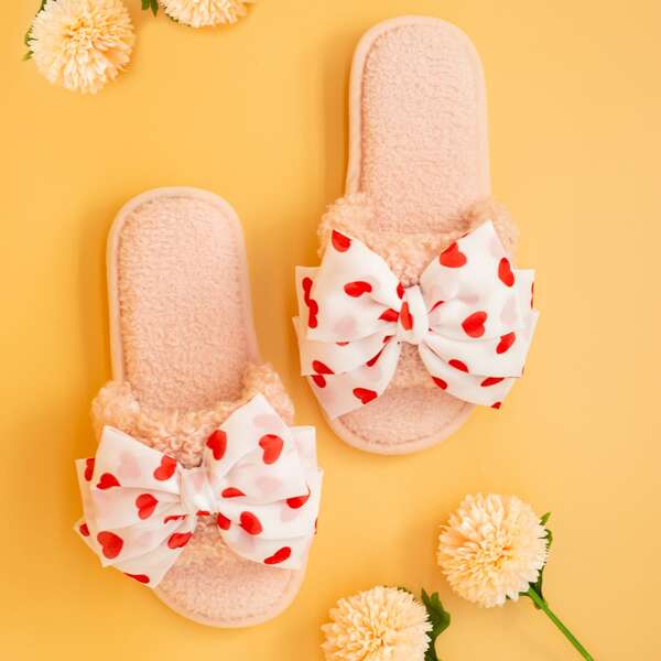 

Bow Decor Heart Graphic Fluffy Slippers, Hot pink