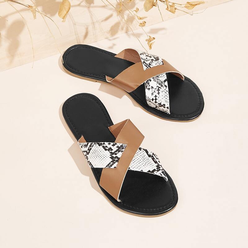 

Snakeskin Cross Strap Slide Sandals, Multicolor