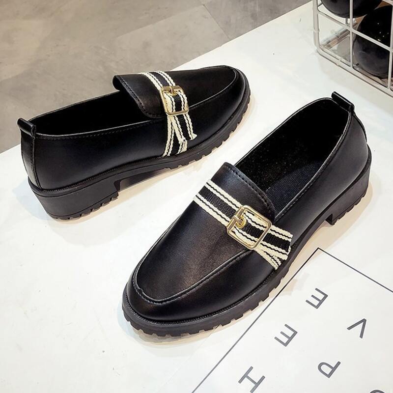 

Striped Buckle Flat Loafers, Black