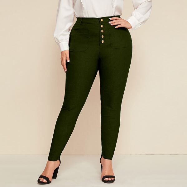 

Plus Button Front Skinny Jeans, Dark green