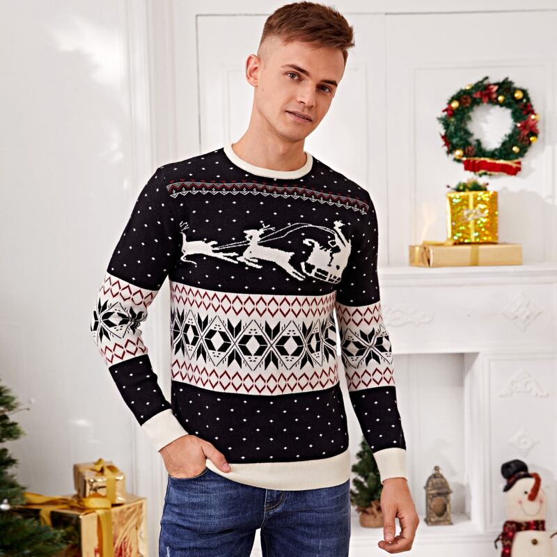 

Guys Ugly Pattern Crew Neck Sweater, Black and white