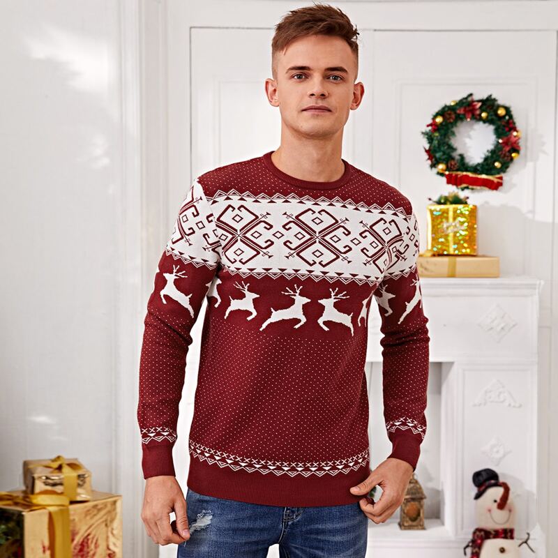 

Guys Christmas Elk Pattern Sweater, Maroon