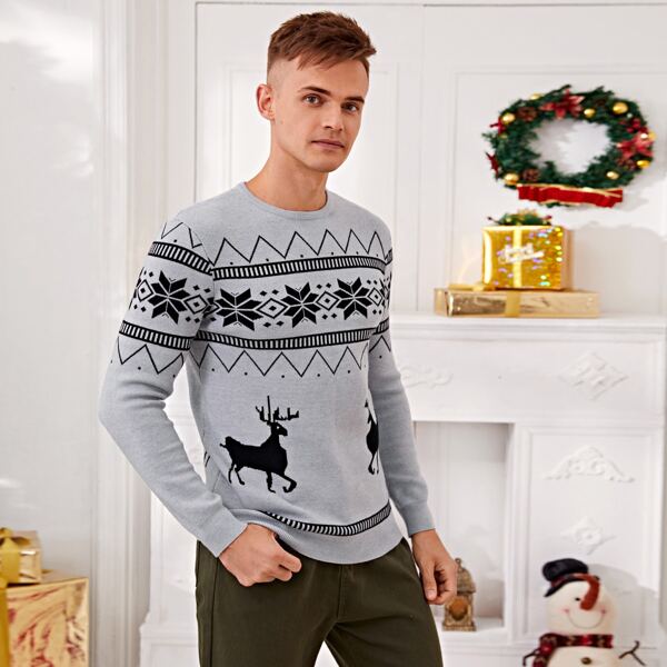 

Men Fairisle Pattern Sweater, Grey