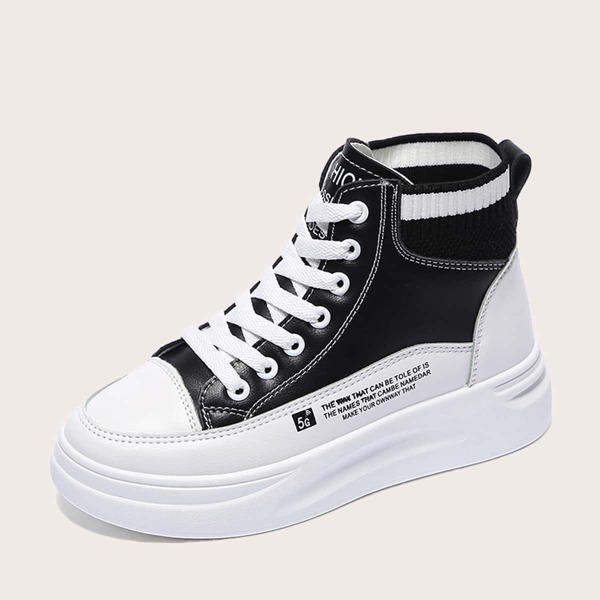 

Lace-up Front Letter Graphic Sneakers, Black and white