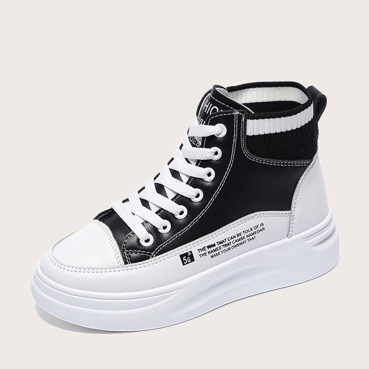 

Lace-up Front Letter Graphic Sneakers, Black and white
