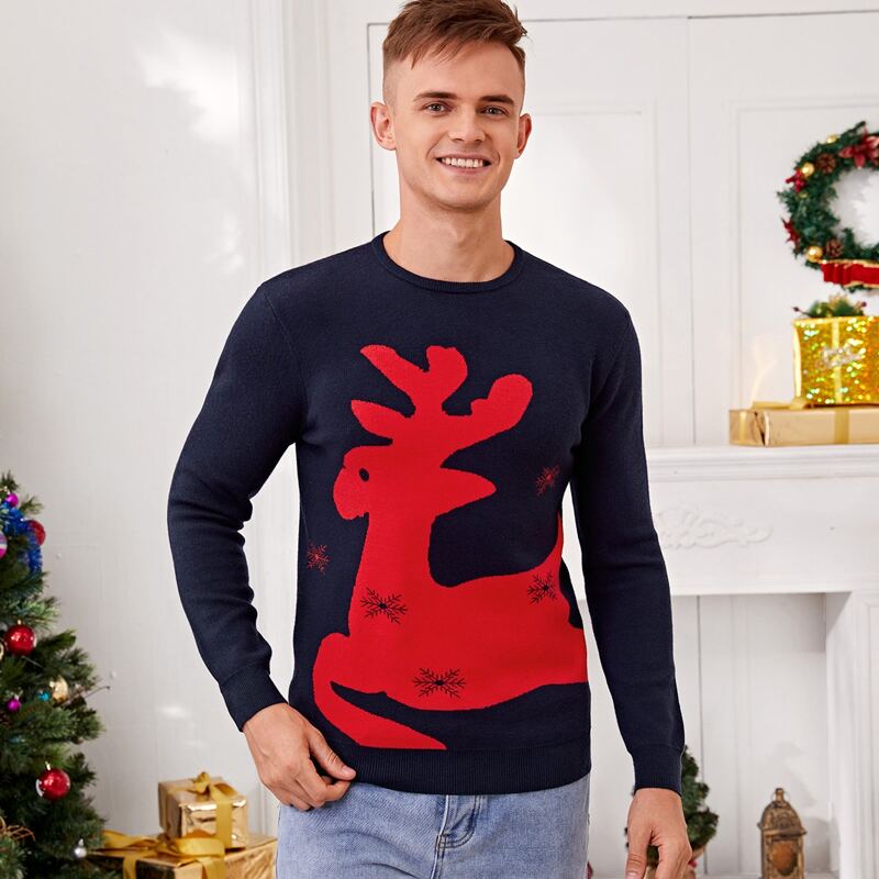 

Guys Christmas Pattern Crew Neck Sweater, Navy blue