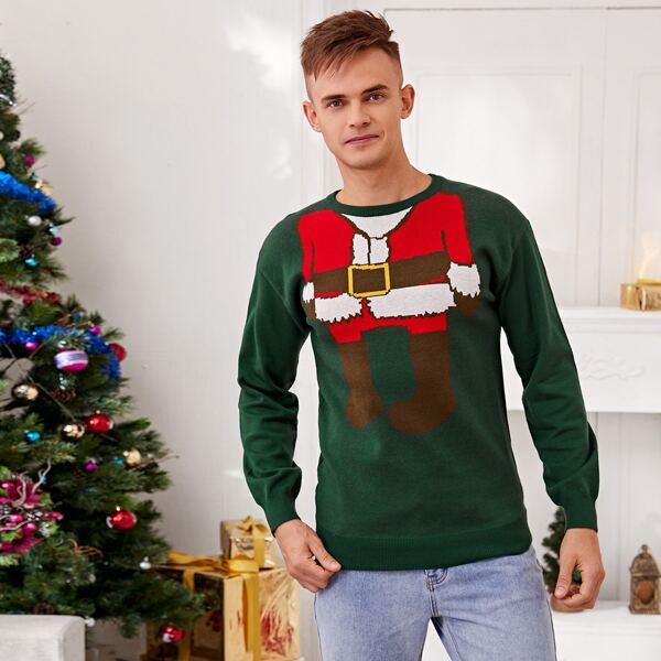 

Men Christmas Pattern Crew Neck Sweater, Dark green