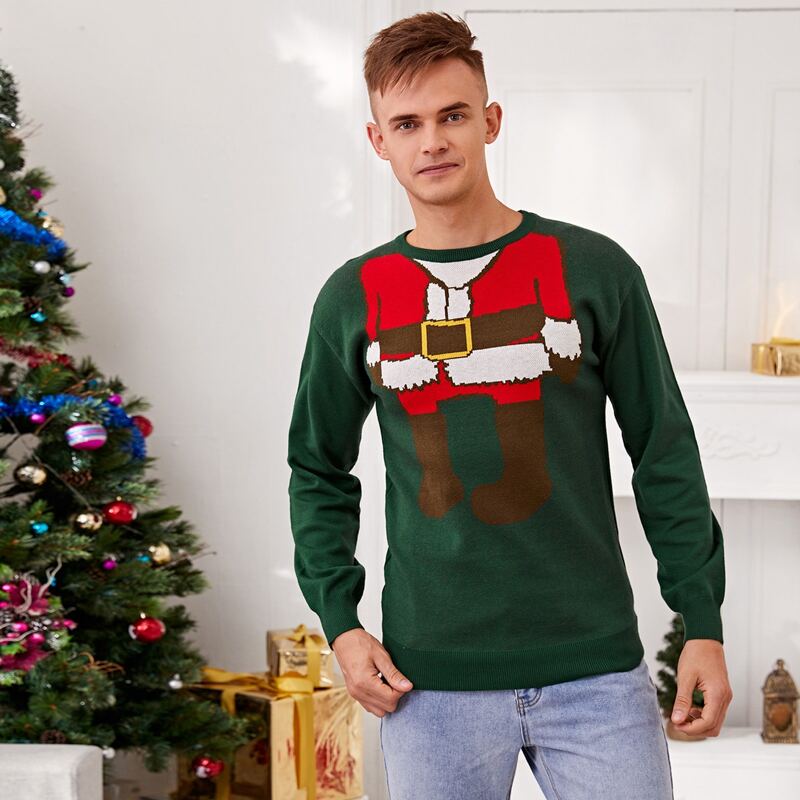 

Guys Christmas Pattern Crew Neck Sweater, Dark green