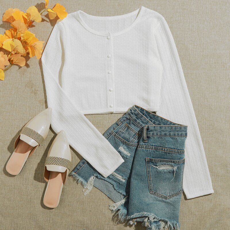

Button Front Crop Top, White